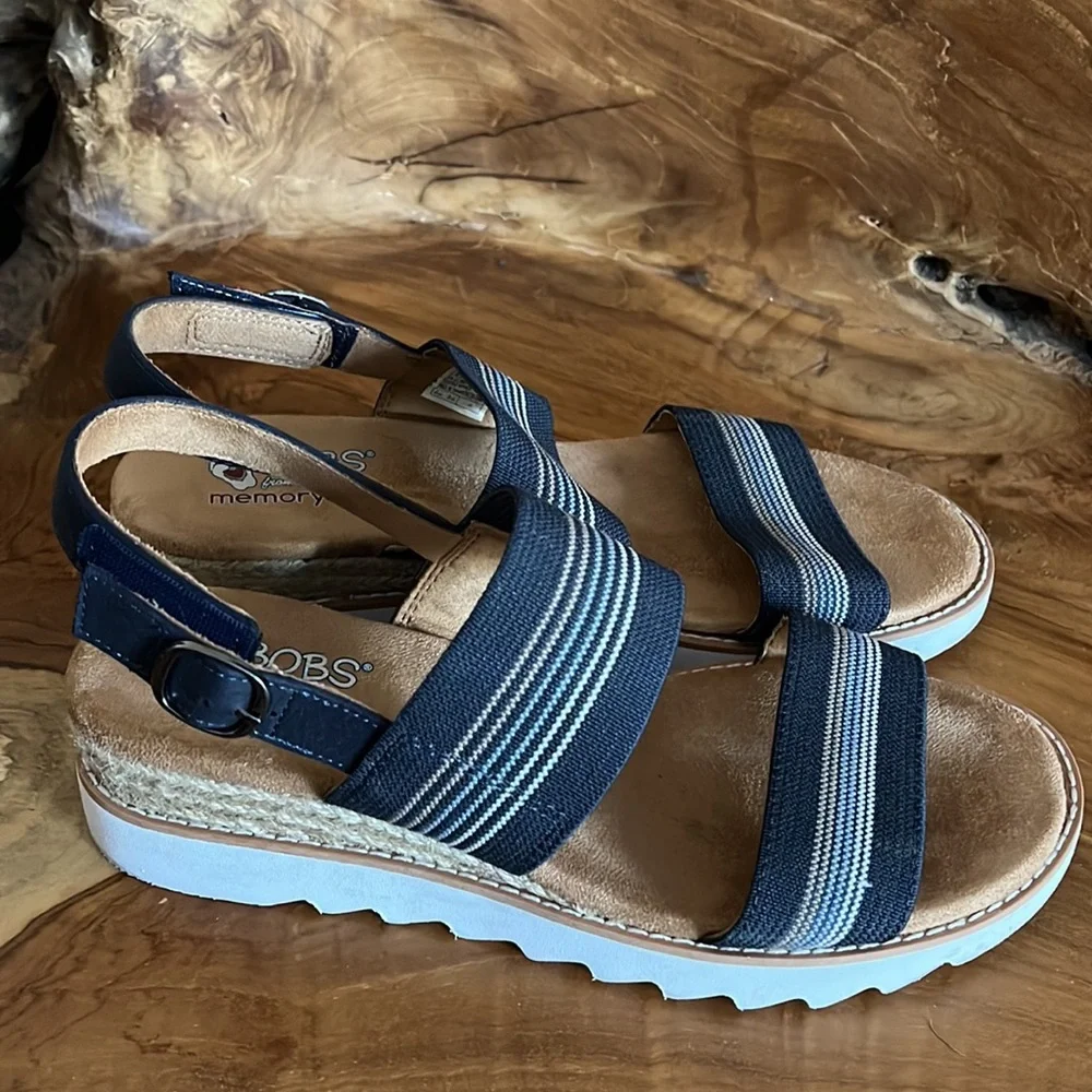BOBS from Skechers Navy and White Striped Wedge Sandals